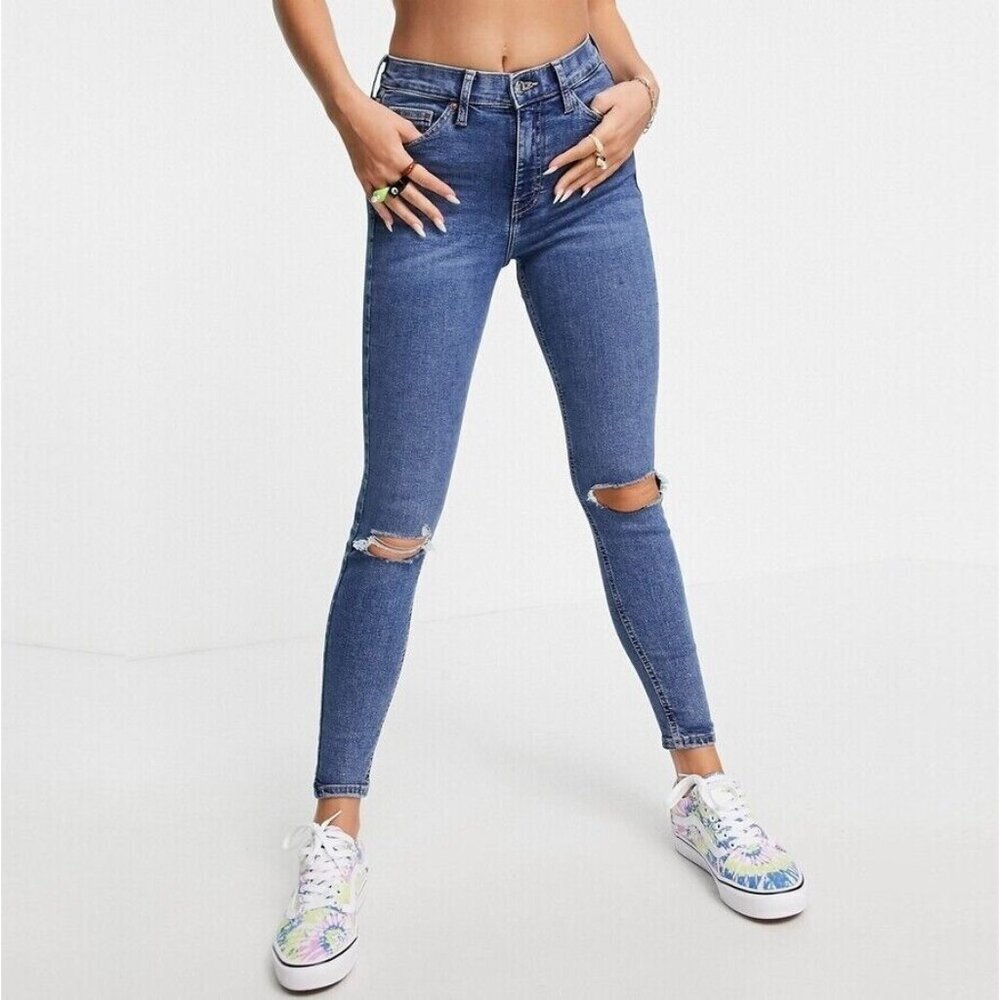 2/$30 Topshop Jamie High Rise Ripped Ankle Crop Mid Blue W30 #9301